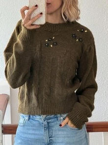 Vivie Lora 女式花卉刺绣休闲圆领短款长袖套头毛衣 - 綠色 - 查看 1