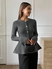 DAZY Women's Elegant Metallic Decor Round Neck Flare Sleeve Sweater, Autumn/Winter - Grey - View 4