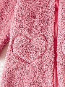 SHEIN 婴儿毛绒小熊连帽连体衣，秋冬季婴儿连体衣 - 粉色 - 查看 6