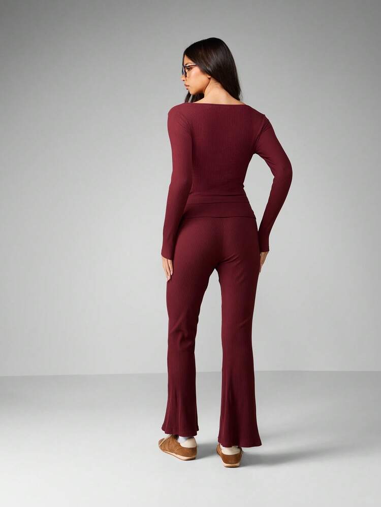 MISSGUIDED Ribbed Long Sleeve Square Neck Crop Top And Flared Pants Two Piece Set Fall Winter Lounge Co Ord Casual Matching Set