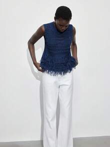 Maija 女士圆领无袖流苏下摆镂空针织上衣，波西米亚风格，适合海滩、海岛度假、音乐节、乡村郊游、派对等场合穿着。 - 藍色 - 查看 9