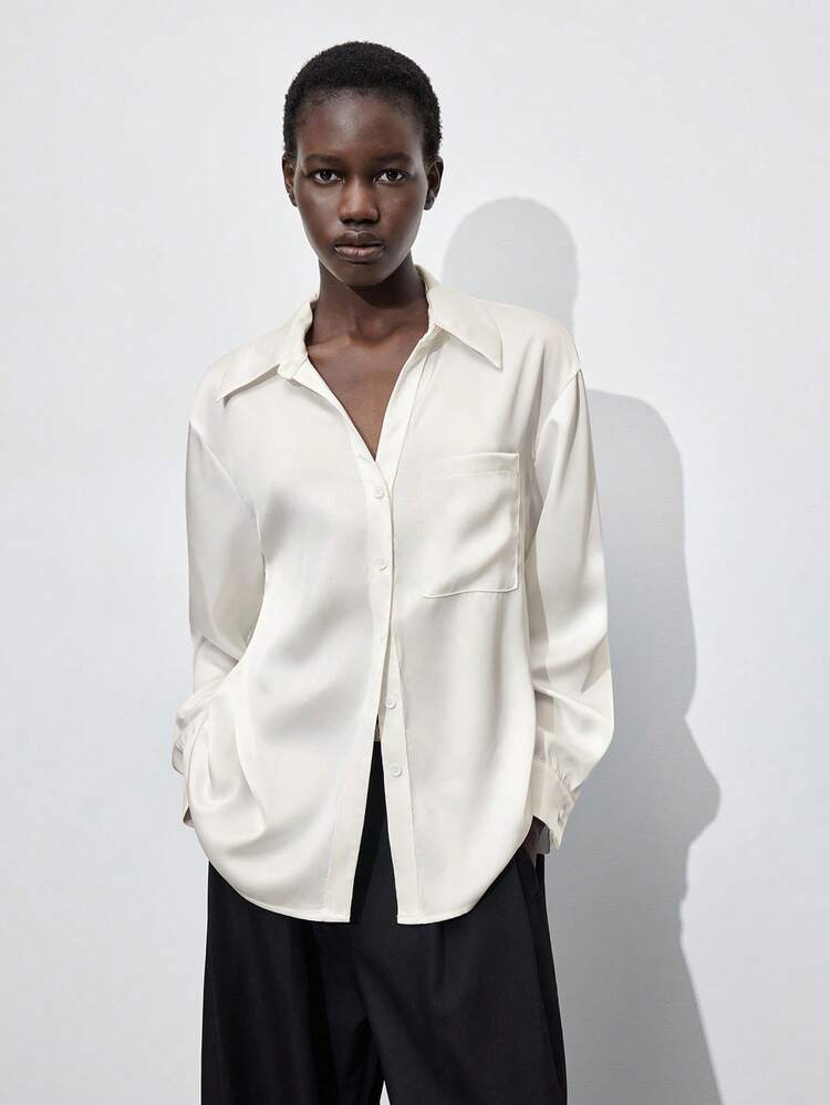 SHEIN Maija Solid Satin Twill Fabric Drop Shoulder Long Sleeve Single-Breasted Pocket Loose Long Sleeve Shirt, Simple And Fashionable Urban Business Casual, Island Resort Outerwear, Office Elegant Blouse, Casual St Patrick's Day Women Easter Party Top Beach Summer Holiday Beach Vacation Summer Going Out Graduation Casual Blouses For Women