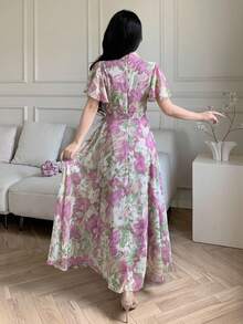 Modelyn 女式荷叶边领口系带泡泡袖喇叭下摆连衣裙 - 彩色 - 查看 2