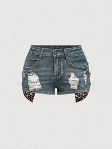 ROMWE J-Fashion Quần short denim cạp thấp họa tiết da báo Y2K Gyaru Vintage dành cho nữ - Rửa nhẹ - Xem 3