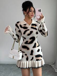 SHEIN PETITE Autumn/Winter Leopard Print Polo Collar Ruffle Hem Fitted Short Women Sweater Dress