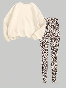 女士休闲时尚创意清爽街头时尚粉色闪亮豹纹蝴蝶结设计图形印花圆领运动衫和紧身裤套装，适合秋季 - 彩色 - 查看 2