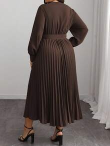 Elenzga 大码女式 V 领纯色 A 字长袖连衣裙，优雅的办公室休闲装，配有腰带，适合春秋冬季，适合圣诞节长款女装 - 巧克力棕 - 查看 2