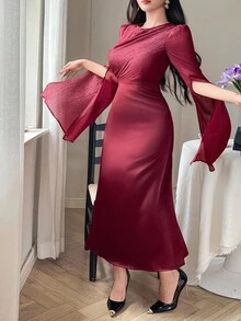 DAZY Váy nữ cổ tròn vải chắp vá tay loe thanh lịch màu đỏ, váy nữ, năm mới - Màu Đỏ Sâu - Xem 4