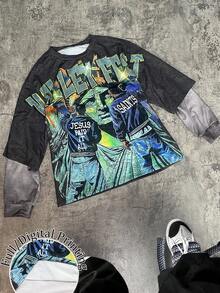 Manfinity Dauomo Sweatshirt 2 in 1 Gaya Retro Amerika Musim Gugur Hitam Gelap dengan Motif Cetak, Longgar, dan Tertekan, Gaya Hip-Hop Streetwear, Jahitan Kontras Warna, Gaya City Break - MultiWarna - View 1