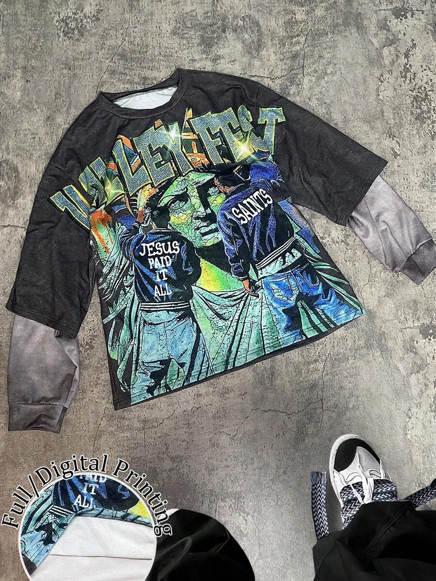 Manfinity Dauomo Sweatshirt 2 in 1 Gaya Retro Amerika Musim Gugur Hitam Gelap dengan Motif Cetak, Longgar, dan Tertekan, Gaya Hip-Hop Streetwear, Jahitan Kontras Warna, Gaya City Break - MultiWarna - View 1