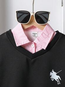 Elladie kids 3件套年轻女孩休闲条纹衬衫+心形印花背心+裤子套装，秋冬 - 彩色 - 查看 5