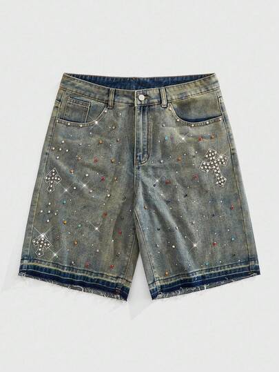 Street Life Men's Colorful Rhinestone Decor Pocket Loose Casual Denim Shorts