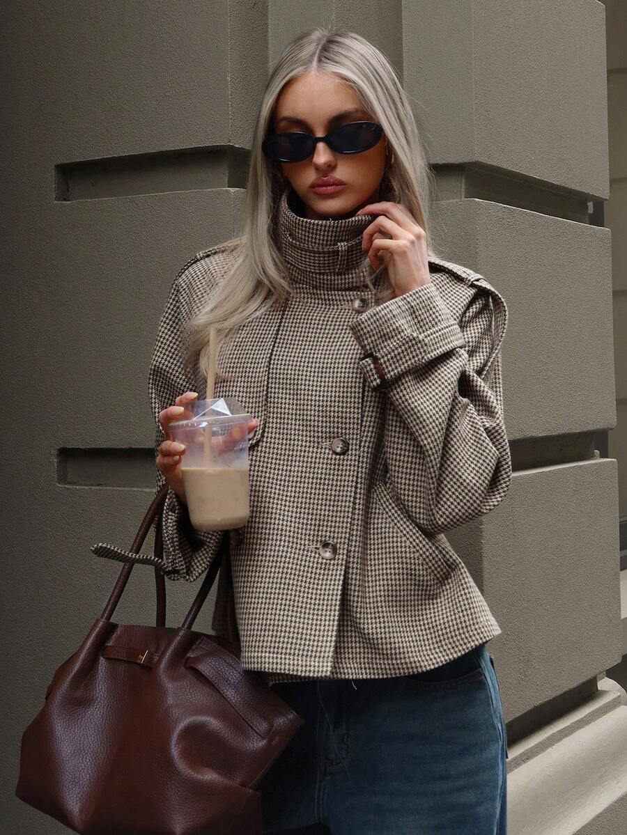 Aloruh Women's Fall/Winter Fashion Chic Casual Loose Houndstooth Patterned Jacket,Women's Winter Jacket,Fall Clothes For Women,Cozy Fall And Winter Clothes For Women - Khaki - View 1