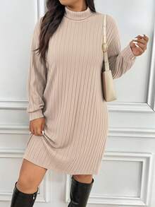 SHEIN Frenchy Plus Size Solid Color Minimalist Long Sleeve Casual Dress/Fall/Winter Ribbed Dress  Long Sleeve Dresses Sweater Dress - Apricot - View 2