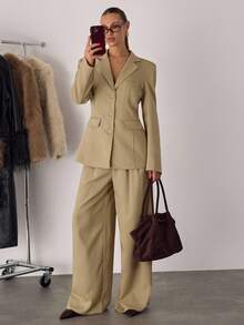 SHEIN BAE Áo khoác blazer nữ đơn giản, cổ khoét chữ V, cài một hàng khuy, mùa thu - Màu vàng - Xem 6