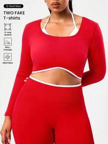 SHEIN Rhythm Era Plus Size Women Seamless 2 In 1 Long Sleeve Sports T-Shirt, Halter Neck Design For Fitness, Outdoor & Everyday Wear Workout Harley Quin - Red - View 1