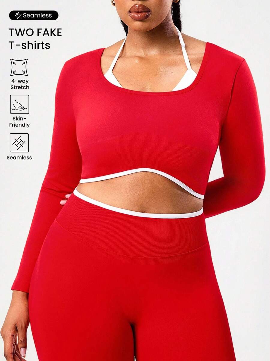 SHEIN Rhythm Era Plus Size Women Seamless 2 In 1 Long Sleeve Sports T-Shirt, Halter Neck Design For Fitness, Outdoor & Everyday Wear Workout Harley Quin - Red - View 1