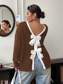 Elenzga Sweater Lengan Panjang Kerah Bulat Kasual Wanita Ukuran Besar dengan Pita, Musim Gugur/Musim Dingin - Coffee Brown - View 6