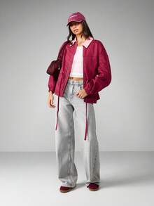 MISSGUIDED Fitted Waist Bomber Jacket With Contrast Pink Collar High Fashion Statement Piece Cotton Outwear Fall Winter Streetwear Zip Front Outerwear - Purple - View 3