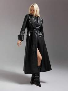 SHEIN ICON 女式长款 PU 夹克，配有可折叠袖口和腰带，适合秋冬女性 - 黑色 - 查看 3