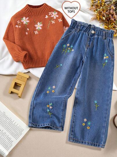 SHEIN Vintaside Kids 女童可爱刺绣牛仔裤，适合日常穿着，秋冬季女童时尚爱心贴袋阔腿宽松牛仔裤，可爱童装牛仔裤，儿童阔腿牛仔裤，女童蝴蝶结牛仔裤，女童牛仔裤，刺绣童装牛仔裤，适合4T女童