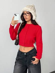 SHEIN PETITE 女士纯色单排扣休闲短款长袖开衫，圣诞新年秋冬季 - 紅色 - 查看 3