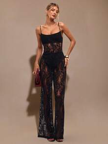 SHEIN BAE Bộ đồ liền thân ren trong suốt hở lưng màu đen tinh khiết, đồ lót nữ thanh lịch, trang phục hẹn hò hàng ngày, trang phục đi chơi, trang phục dự tiệc, bộ đồ liền thân ống rộng bất đối xứng, bộ đồ liền thân ngày lễ tình nhân, bộ đồ liền thân thường ngày, bộ đồ liền thân thanh lịch, bộ đồ liền thân hở lưng - màu đen - Xem 3