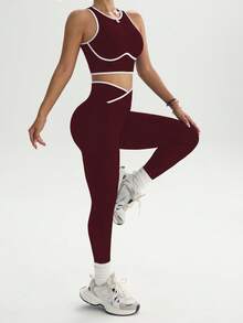 Dewbera Contrast Trim Hollow Back Camisole & Leggings Sports Suit - Brown - View 5