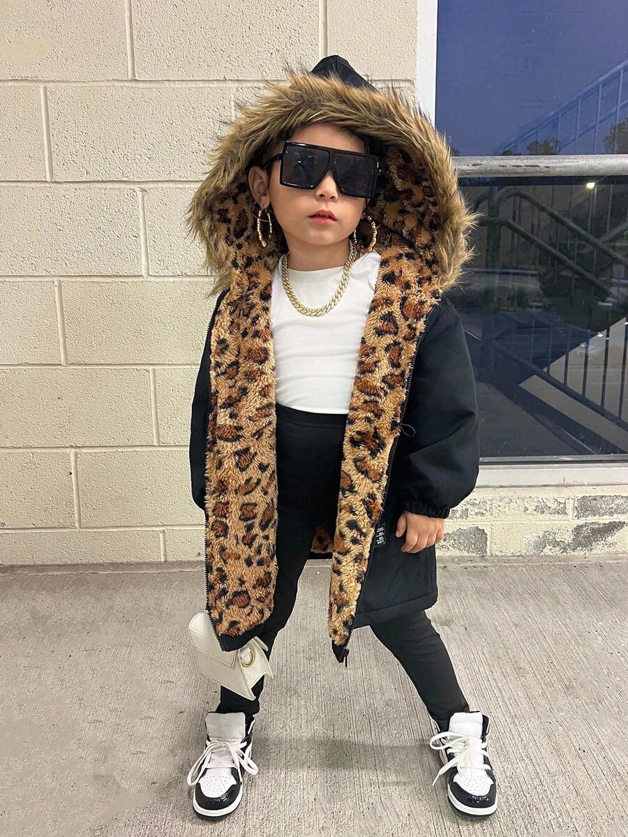 SHEIN Young Girl Cute Leopard Print Hooded Jacket, Versatile For Autumn/Winter - Black - View 1