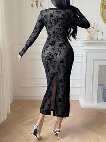 xheDAZY Vestido largo ajustado con cuello en V y estampado floral con efecto flockado, elegante y sexyxhe - Negro - Ver 6