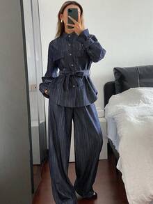 DAZY Women's Bark Texture Fabric Street Casual 3D Jacket And Straight Leg Pants 2 Pieces Set - Navy Blue - View 3