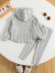 2 pezzi Set tuta da bambina con felpa con cappuccio termica a costine e pantaloni spessi e caldi, con ricamo di pony, adatto per l'inverno - Grigio - Visualizzare 3