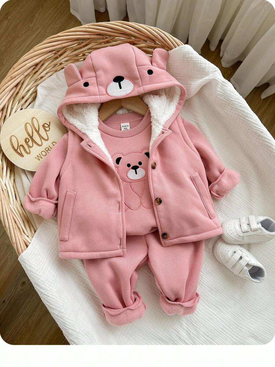 3 pièces Ensemble de vêtements pour bébé fille avec capuche, motif de dessin animé mignon, pantalon à taille élastique et gilet à capuche, automne/hiver - Rose bonbon - Voir 1
