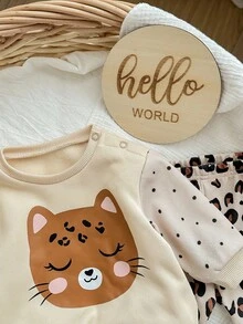 SHEIN 新生女婴可爱卡通图案针织长袖卫衣裤子套装，秋冬 - 杏色 - 查看 5