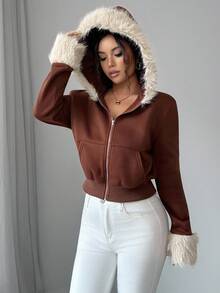 Elenzga Kurze Reißverschluss-Kapuzenjacke aus Plüschstoff mit kontrastierenden Bündchen