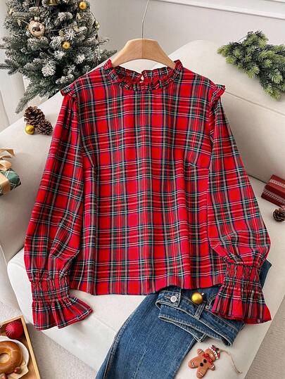 CosyJoli Plus Size Casual Red Plaid Ruffle Trim Round Neck H-Line Pullover Shirt Christmas/Christmas