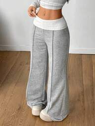 Coolane Women's Winter Streetwear Going Out Casual Back To School Vintage Daily Wear Y2K Rib Knit White Turn-Down Trousers French Grey Flare Pants