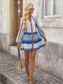 Brillora Vestido corto de mujer estilo casual de vacaciones con estampado de retazos, cuello con abertura, mangas farol, para primavera/otoño