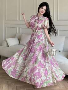 Modelyn 女式荷叶边领口系带泡泡袖喇叭下摆连衣裙 - 彩色 - 查看 4