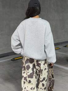 Muchica Women's Cherry Blossom Print Simple Daily Camisole, Crew Neck Long Sleeve Sweatshirt,Long Sleeve Tops In Fall/Winter - Grey - View 2