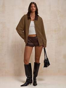 SHEIN BAE Chaqueta casual de manga larga con cremallera y bloques de color, ropa de otoño e invierno para mujeres