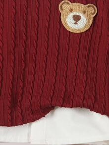 SHEIN 2 件套男童套装，纹理勃艮第针织圆领毛衣，左胸饰有小熊头图案，搭配卡其裤，适合通勤、上学、休闲日常穿着，春夏季