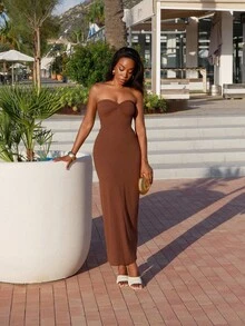 Yess Loren 女式简约纯色前扭纹露背细肩带夏季连衣裙 - 棕色 - 查看 5