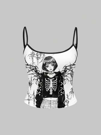 Anime Camiseta de tirantes con diseño de corazón y espinas, estilo vintage Y2K y Y3K, en color negro y blanco