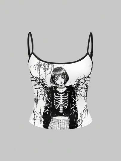 Anime Y2K Baddie Vintage Dornen Y3K Herz Charakter Trägerhemd, Schwarz & Weiß