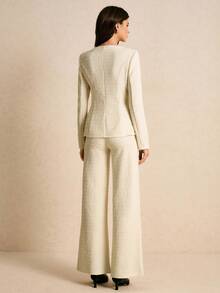 Poéselle Women's Swan Collar Long Sleeve Single-Breasted Jacket And Pants Elegant Suit Set Tweed Pant Suit Cream Pant Suit Setup Autumn Winter Women Metal Buckle Elegant Women's Set,Cozy Fall And Winter Clothes For Women - White - View 2