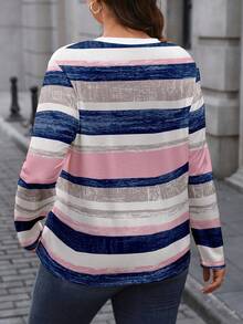 EMERY ROSE Plus Size Casual Colorblock Striped Print Long Sleeve T-Shirt, Autumn