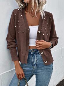 EMERY ROSE Casual Versatile Studded Decor Cardigan, Autumn - Brown - View 4