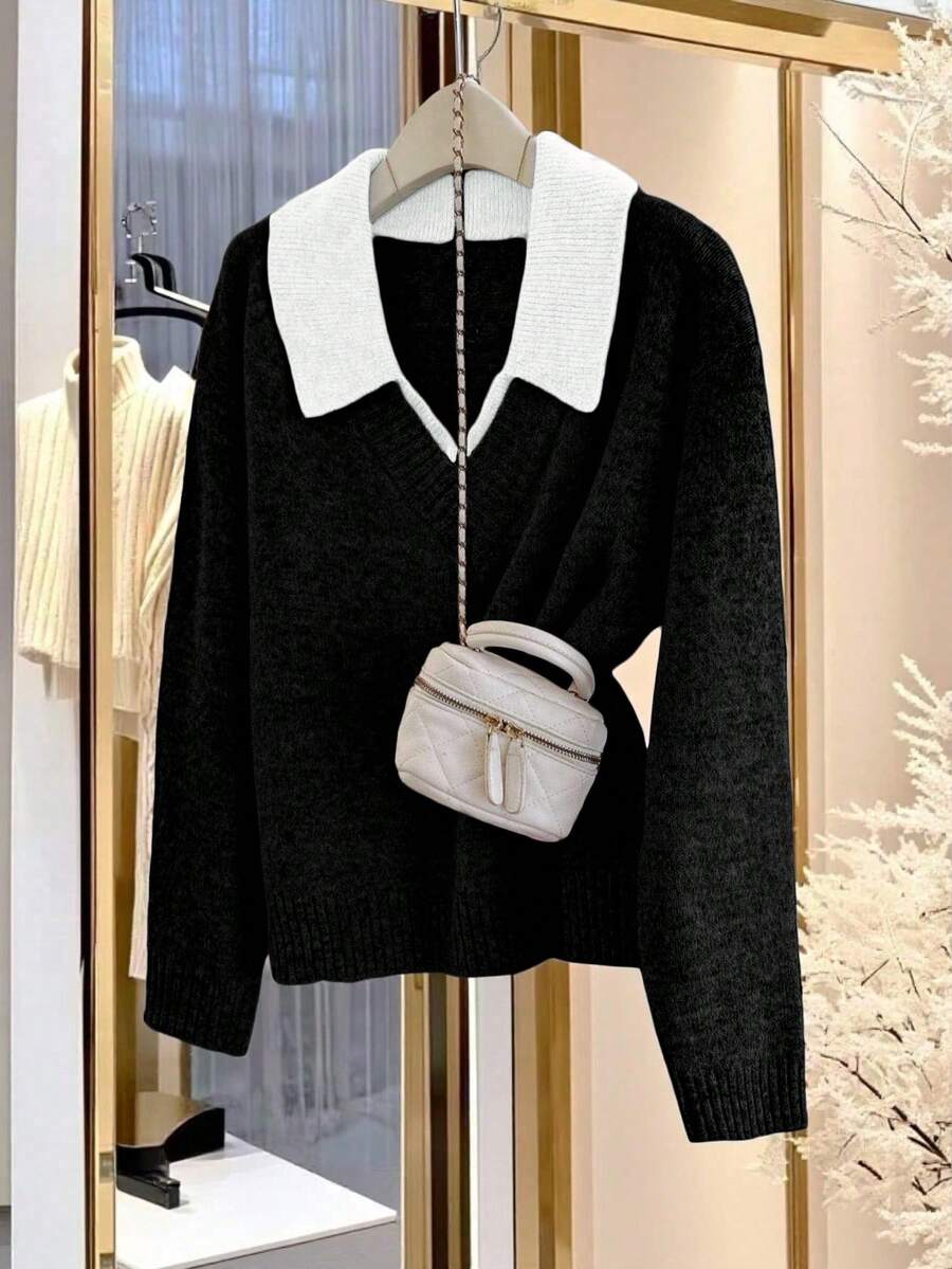 Franclia V-Neck 2 In 1 Long Sleeve Sweater, Autumn/Winter - Black - View 1