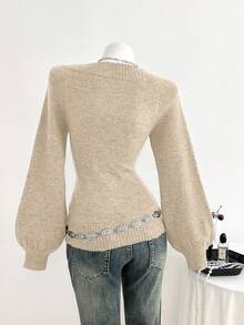 Elamini Women's Casual Solid Color V-Neck Lantern Sleeve Loose Knit Sweater - Khaki - View 2